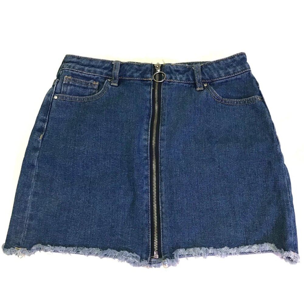 SOLD! PacSun 25 Blue Denim Cotton Front O Ring Zipper Raw Hem Mini Skirt Pockets